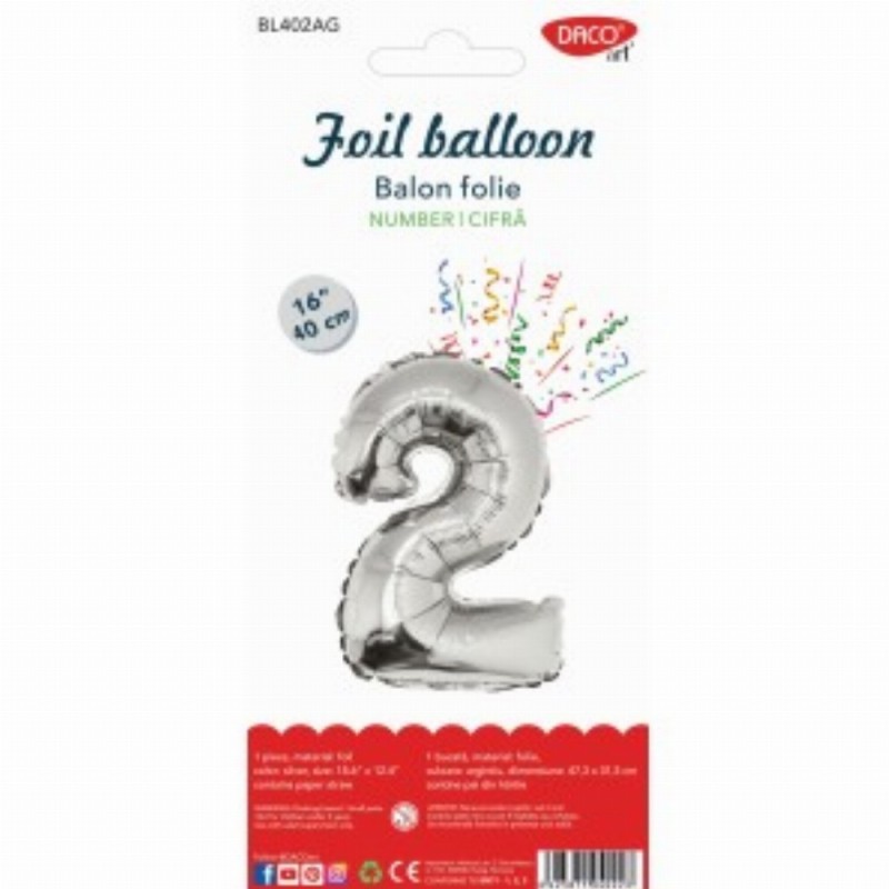 Balon Folie Cifra 2 Argintiu 40 Cm
