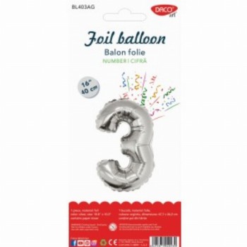 Balon Folie Cifra 3 Argintiu 40 Cm